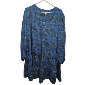 Boho Tiered Dark Floral Dress Balloon Sleeve Witchy Romantic XXL 20 Blue Green